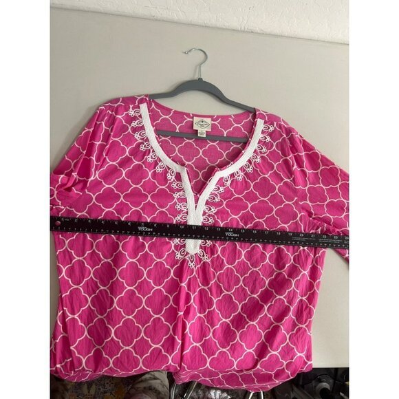 St. John's Bay Sz XL Hot Pink White Embroidered 3/4 Sleeve Pullover Blouse Pink - Picture 7 of 7